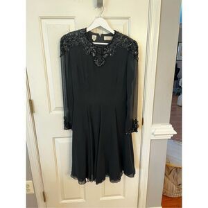 Niteline by Della Roufogali Black Silk & Sequined Sheer Long Sleeve Swing Dress